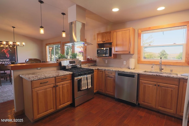 80 Bobcat Dr, Reno, NV 89523 - kitchen featuring appliances with stainless steel finishes, a peninsula, lofted ceiling, a chandelier, and range hood