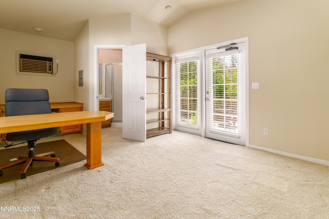 6993 Cinnamon Dr, Sparks, NV 89436 - office area with carpet flooring, a wall mounted AC, lofted ceiling, and electric panel