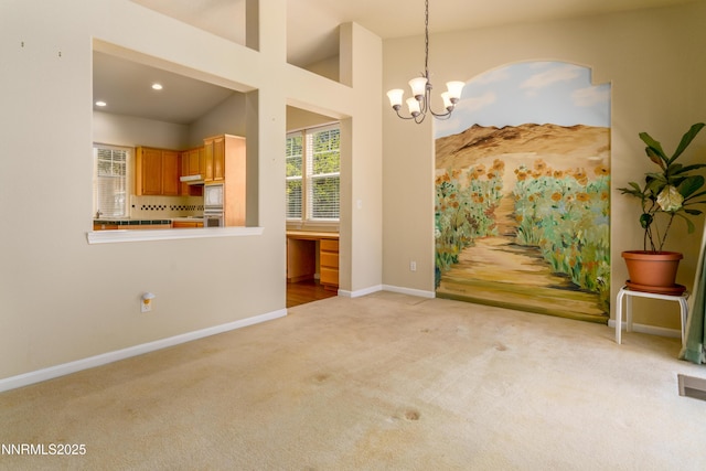 6993 Cinnamon Dr, Sparks, NV 89436 - unfurnished dining area featuring carpet flooring, a chandelier, recessed lighting, and lofted ceiling
