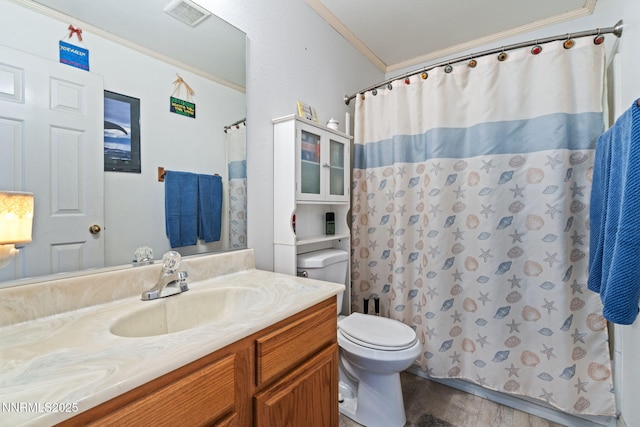 5886 Wishbone Ct, Sun Valley, NV 89433 - full bathroom with ornamental molding, vanity, wood finished floors, and curtained shower