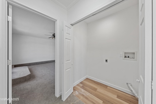 1314 Johnson Ln, Minden, NV 89423 - laundry area featuring ornamental molding, hookup for an electric dryer, washer hookup, a ceiling fan, and carpet