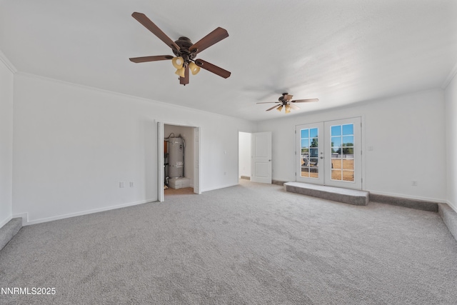 1314 Johnson Ln, Minden, NV 89423 - unfurnished living room featuring a ceiling fan, carpet flooring, secured water heater, and crown molding