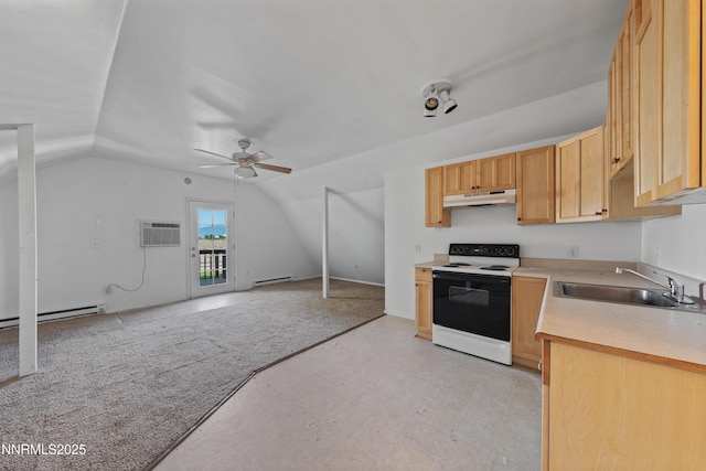 1314 Johnson Ln, Minden, NV 89423 - kitchen featuring white electric range, under cabinet range hood, lofted ceiling, a ceiling fan, and a wall mounted air conditioner