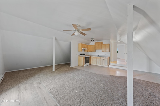 1314 Johnson Ln, Minden, NV 89423 - unfurnished living room with vaulted ceiling, ceiling fan, and light carpet