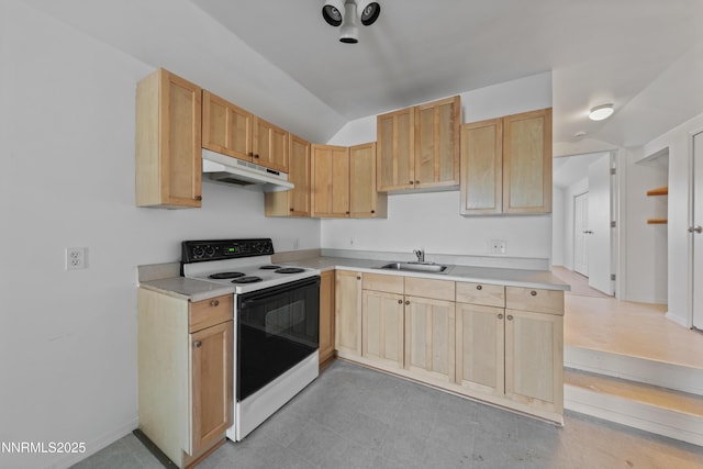 1314 Johnson Ln, Minden, NV 89423 - kitchen with white range with electric stovetop, under cabinet range hood, light brown cabinetry, light countertops, and lofted ceiling
