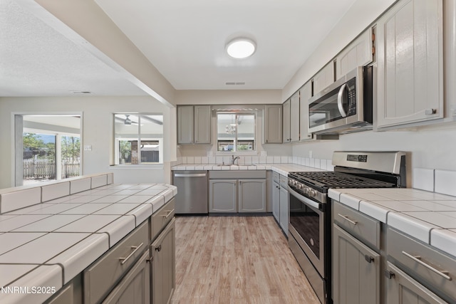 1513 S Riverview Dr, Gardnerville, NV 89460 - kitchen with appliances with stainless steel finishes, gray cabinets, tile counters, and light wood-type flooring