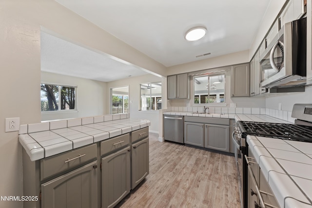 1513 S Riverview Dr, Gardnerville, NV 89460 - kitchen featuring appliances with stainless steel finishes, gray cabinetry, and tile countertops
