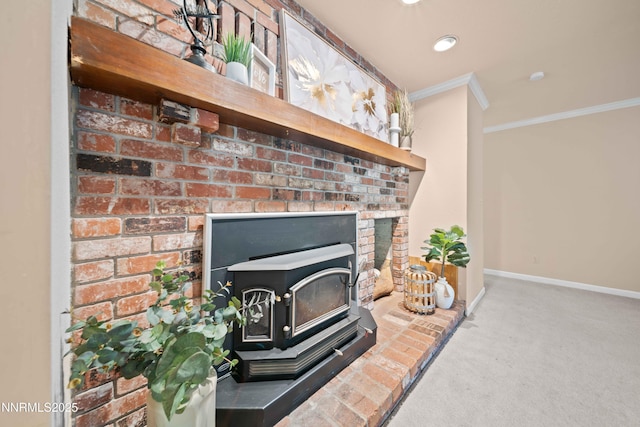 25 Yellow Pine Cir, Reno, NV 89511 - detailed view of crown molding, carpet flooring, a wood stove, and recessed lighting