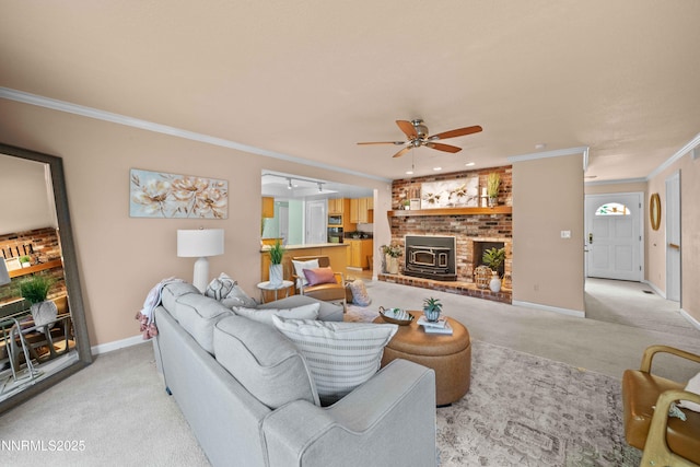 25 Yellow Pine Cir, Reno, NV 89511 - living room featuring a ceiling fan, light colored carpet, crown molding, and a brick fireplace