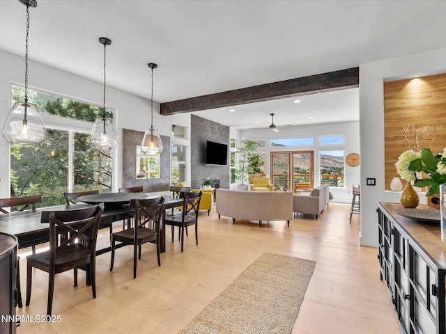 4721 W Creek Ridge Trl, Reno, NV 89519 - dining space featuring beam ceiling, recessed lighting, light wood-type flooring, and ceiling fan