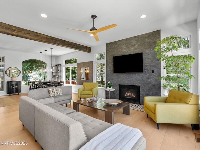 4721 W Creek Ridge Trl, Reno, NV 89519 - living area with ceiling fan, beam ceiling, light wood-type flooring, a fireplace, and recessed lighting