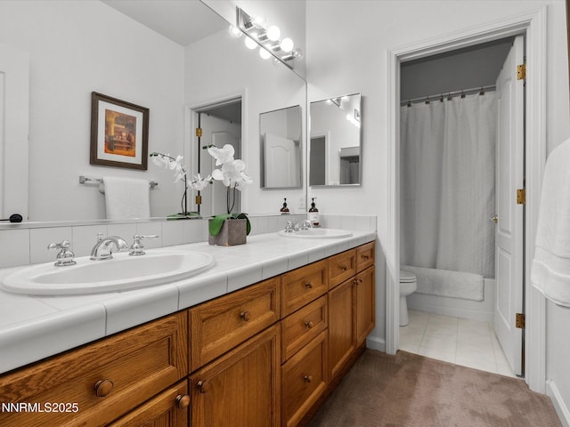 4721 W Creek Ridge Trl, Reno, NV 89519 - full bathroom with double vanity, shower / bath combination with curtain, and tile patterned floors