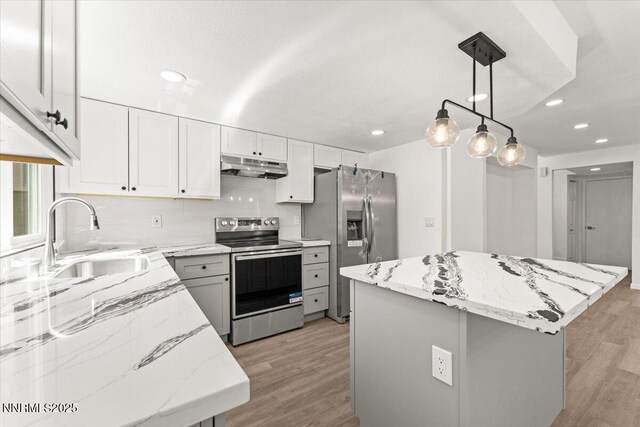 2719 Chavez Dr, Reno, NV 89502 - kitchen with stainless steel appliances, under cabinet range hood, light wood-type flooring, a center island, and recessed lighting