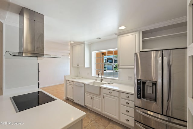 2095 Kings Row, Reno, NV 89503 - kitchen featuring stainless steel fridge with ice dispenser, island exhaust hood, black electric stovetop, white dishwasher, and light countertops