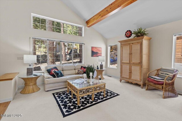 917 Jennifer St, Incline Village, NV 89451 - living room with beamed ceiling, light colored carpet, and high vaulted ceiling