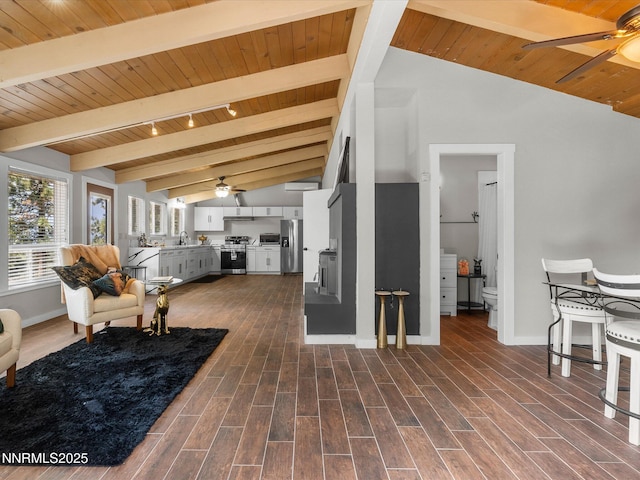 699 Lakeview Dr, Zephyr Cove, NV 89448 - living room with a ceiling fan, wood ceiling, and dark wood-style flooring