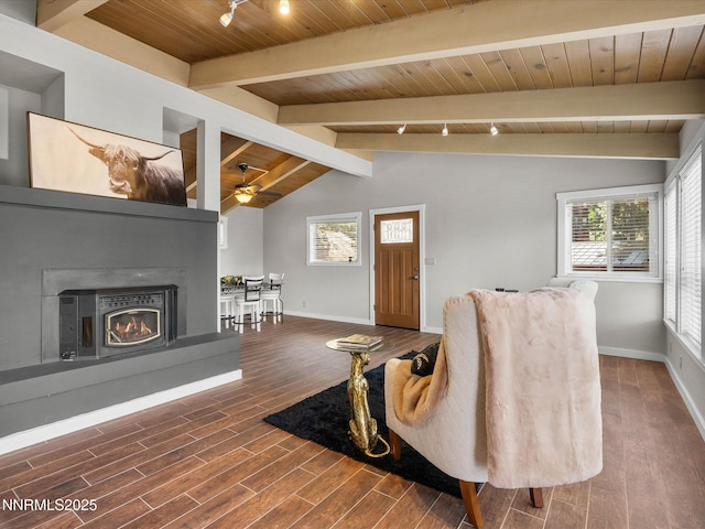 699 Lakeview Dr, Zephyr Cove, NV 89448 - living area featuring wooden ceiling, wood finished floors, a ceiling fan, a glass covered fireplace, and rail lighting