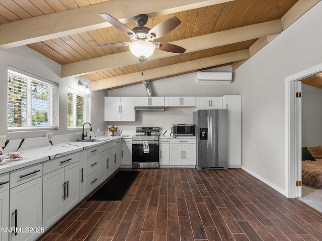 699 Lakeview Dr, Zephyr Cove, NV 89448 - kitchen featuring appliances with stainless steel finishes, wooden ceiling, an AC wall unit, under cabinet range hood, and white cabinets