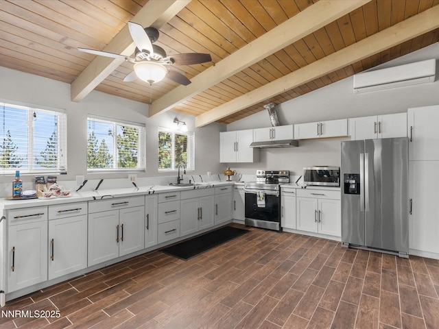 699 Lakeview Dr, Zephyr Cove, NV 89448 - kitchen with appliances with stainless steel finishes, under cabinet range hood, wood ceiling, light countertops, and an AC wall unit