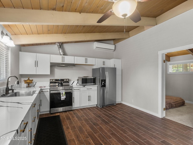 699 Lakeview Dr, Zephyr Cove, NV 89448 - kitchen with appliances with stainless steel finishes, a wall mounted air conditioner, wood ceiling, light countertops, and white cabinets