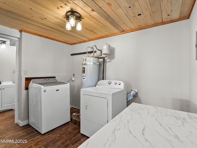 699 Lakeview Dr, Zephyr Cove, NV 89448 - washroom featuring water heater, washer and dryer, wood ceiling, and dark wood-type flooring