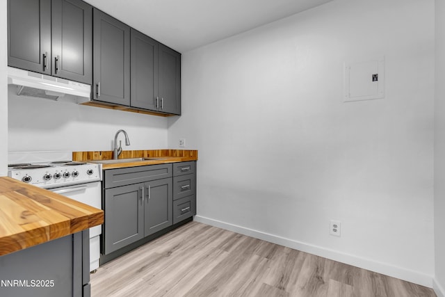 2450 Lymbery St Unit 331, Reno, NV 89509 - kitchen featuring under cabinet range hood, butcher block countertops, stainless steel electric stove, and light wood-type flooring