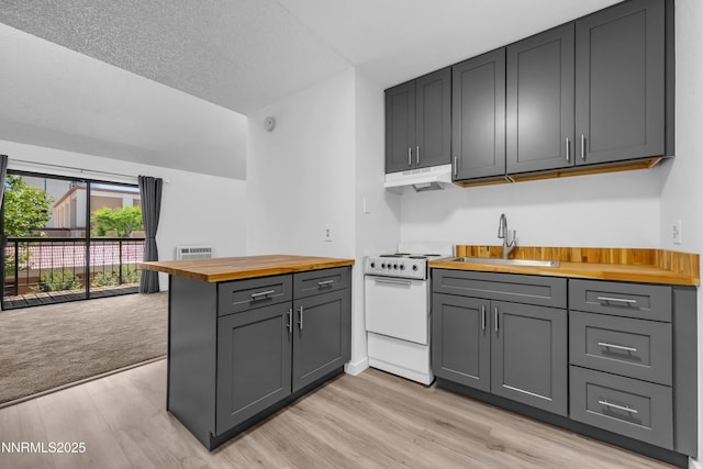 2450 Lymbery St Unit 331, Reno, NV 89509 - kitchen with wooden counters, white electric stove, under cabinet range hood, gray cabinets, and light wood-style floors