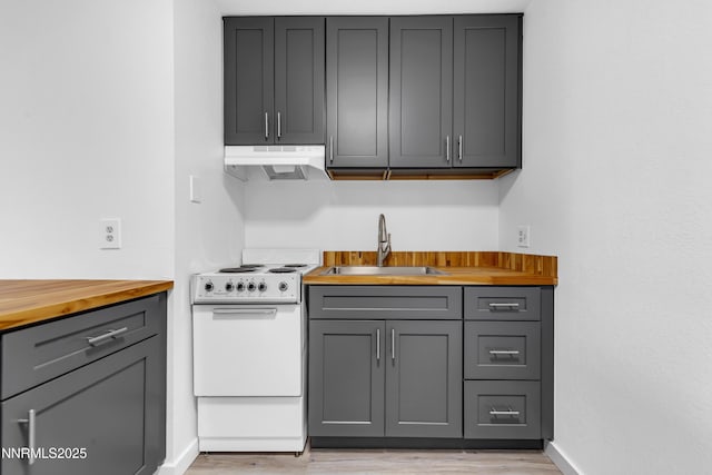 2450 Lymbery St Unit 331, Reno, NV 89509 - kitchen with white electric range oven, under cabinet range hood, gray cabinetry, and butcher block counters