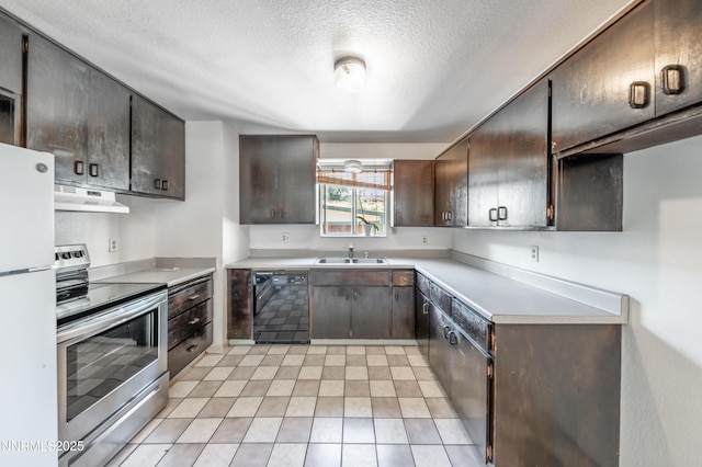 8720 Aquifer Way, Reno, NV 89506 - kitchen featuring electric range, black dishwasher, freestanding refrigerator, a textured ceiling, and dark brown cabinets