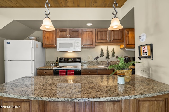 123 Juanita Dr Unit 1-7, Incline Village, NV 89451 - kitchen with white appliances, brown cabinets, light stone counters, wooden ceiling, and hanging light fixtures