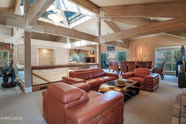 275 Chukkar Dr, Glenbrook, NV 89413 - living room featuring carpet flooring, beam ceiling, plenty of natural light, high vaulted ceiling, and a chandelier