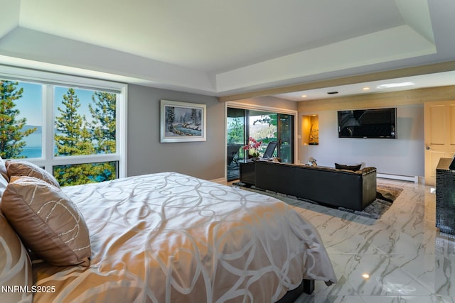 275 Chukkar Dr, Glenbrook, NV 89413 - bedroom featuring baseboard heating, a raised ceiling, recessed lighting, and marble finish floors