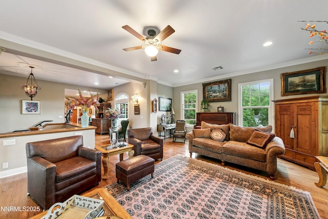 171 Mill St, Genoa, NV 89411 - living area featuring light wood-style floors, ceiling fan, crown molding, and recessed lighting