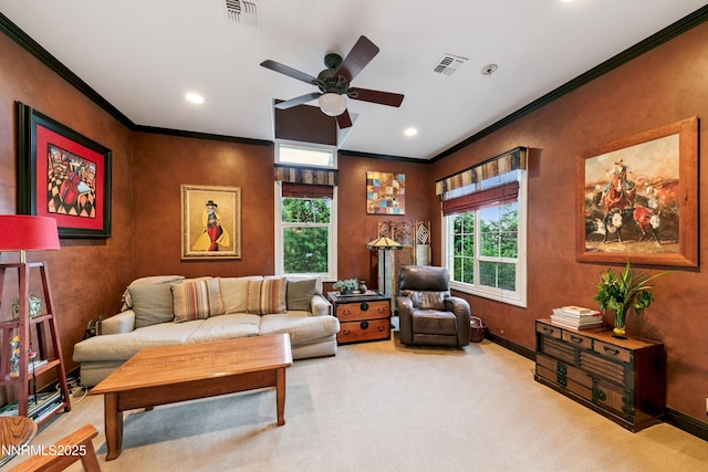 171 Mill St, Genoa, NV 89411 - living area with ornamental molding, plenty of natural light, a ceiling fan, carpet, and recessed lighting