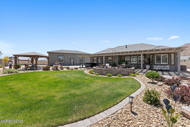 10 Diamond Strm Ct, Sparks, NV 89441 - back of property with an outdoor hangout area, a gazebo, a lawn, a patio area, and stucco siding