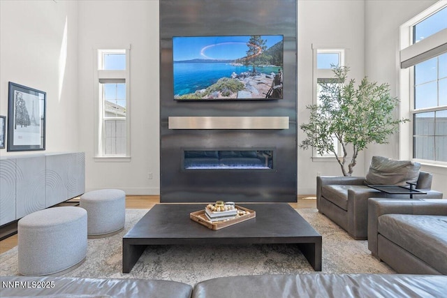 206 Criollo Ct, Reno, NV 89511 - living room with wood finished floors, a glass covered fireplace, and a high ceiling