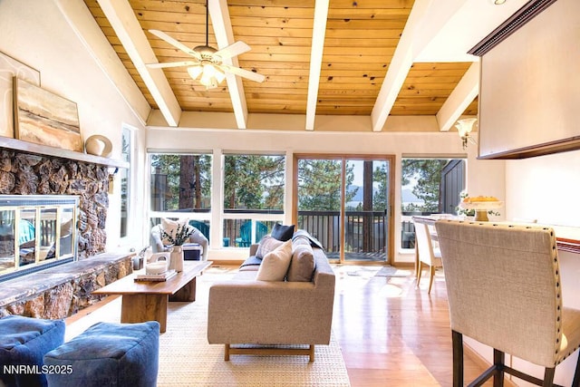 128 Holly Ln Unit B, Stateline, NV 89449 - living area with a wood ceiling with exposed beams, a ceiling fan, wood finished floors, and a fireplace