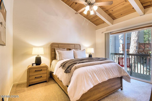 128 Holly Ln Unit B, Stateline, NV 89449 - bedroom featuring light colored carpet, access to outside, wood ceiling, and ceiling fan