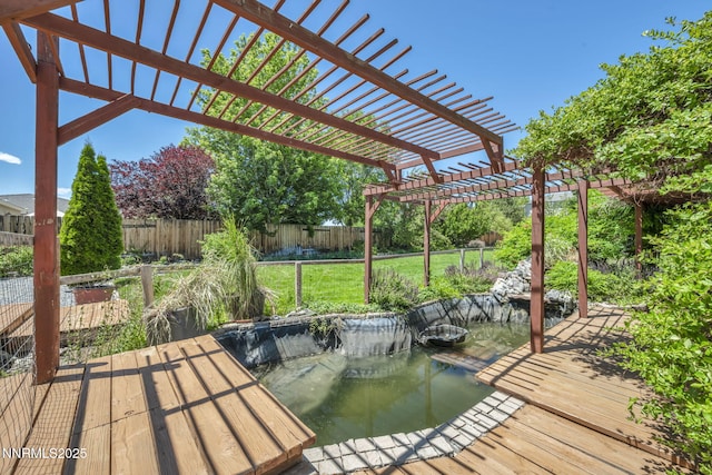 2182 Talladega Ct, Sparks, NV 89436 - deck featuring a small pond, a fenced backyard, and a pergola