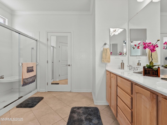 1835 Trail Creek Way, Reno, NV 89523 - full bathroom with crown molding, double vanity, a shower stall, and tile patterned flooring