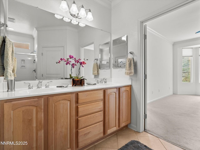 1835 Trail Creek Way, Reno, NV 89523 - full bathroom featuring ornamental molding, double vanity, a shower stall, tile patterned floors, and a chandelier