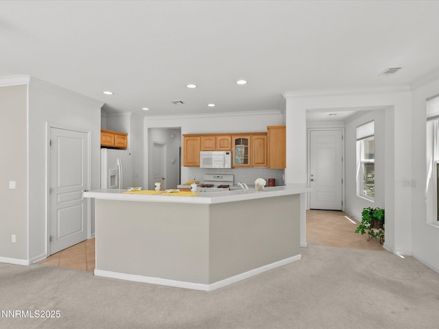 1835 Trail Creek Way, Reno, NV 89523 - kitchen featuring white appliances, light carpet, glass insert cabinets, recessed lighting, and light countertops