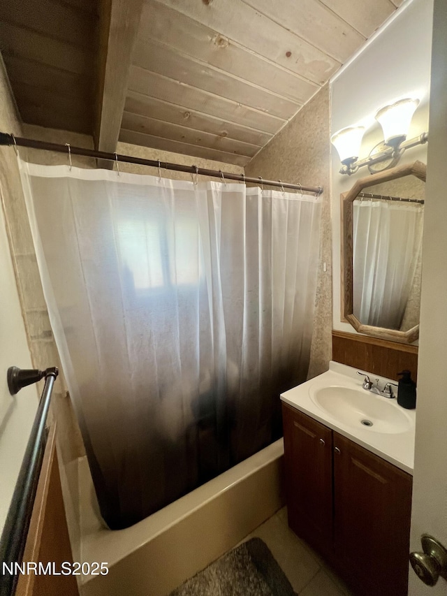 109 M St, Sparks, NV 89431 - full bath with a wood ceiling with exposed beams, shower / tub combo, vanity, and tile patterned floors