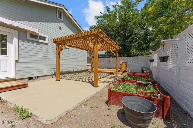 7560 Lighthouse Ln, Reno, NV 89511 - fenced backyard featuring a patio area, a pergola, and a vegetable garden