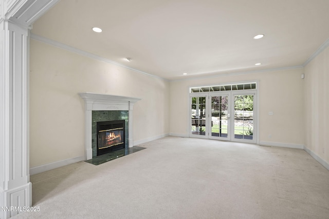 224 Foothill Meadows Ct, Genoa, NV 89411 - unfurnished living room with crown molding, carpet flooring, a fireplace, and recessed lighting