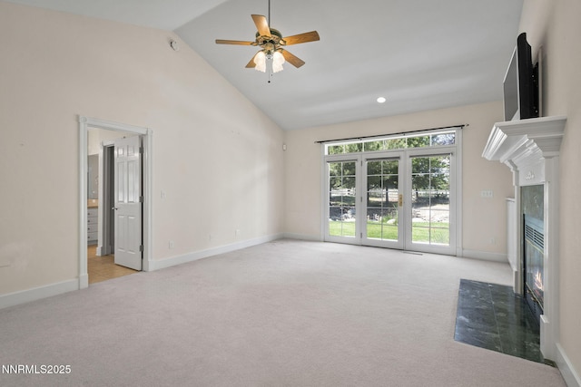 224 Foothill Meadows Ct, Genoa, NV 89411 - unfurnished living room with a fireplace, carpet flooring, a ceiling fan, and high vaulted ceiling