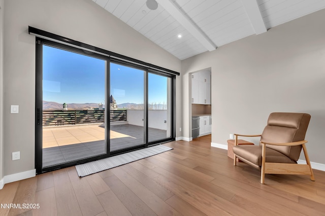 66 Caballada St, Reno, NV 89511 - living area with light wood-style flooring, a mountain view, and wood ceiling