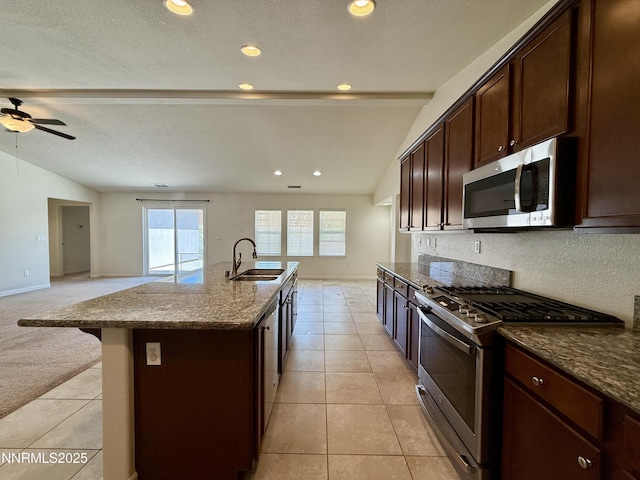 1122 Ferretto Pkwy, Dayton, NV 89403 - kitchen with appliances with stainless steel finishes, lofted ceiling, a ceiling fan, plenty of natural light, and open floor plan