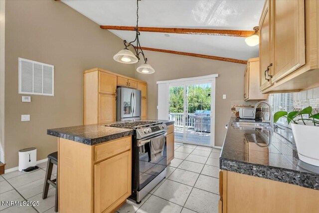1782 Driftwood Dr, Sparks, NV 89431 - kitchen featuring stainless steel appliances, light brown cabinetry, beamed ceiling, a breakfast bar area, and light tile patterned flooring