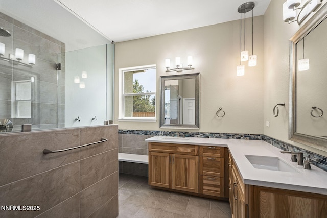 1660 Murrieta Ct, Reno, NV 89521 - full bathroom featuring walk in shower, double vanity, a bath, and tile patterned flooring
